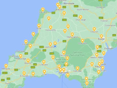 Map of area we cover in Devon & Cornwall